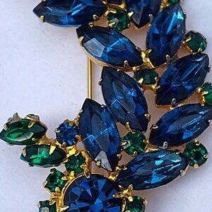 Vintage Brooch Emerald Green and Sapphire Blue Crystal glass Marquise stones flo